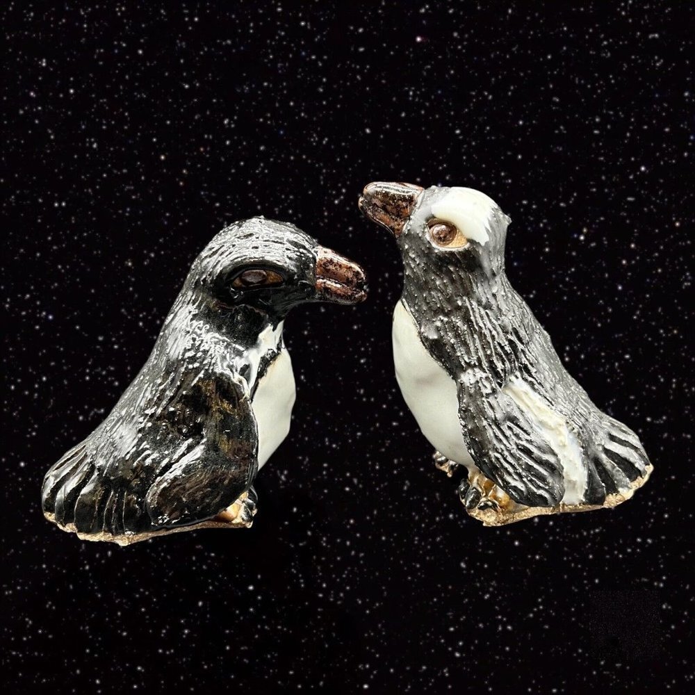 Vintage Penguin Stoneware Figurine Lot Set 2 Hand Made Animal Bird White Stomach